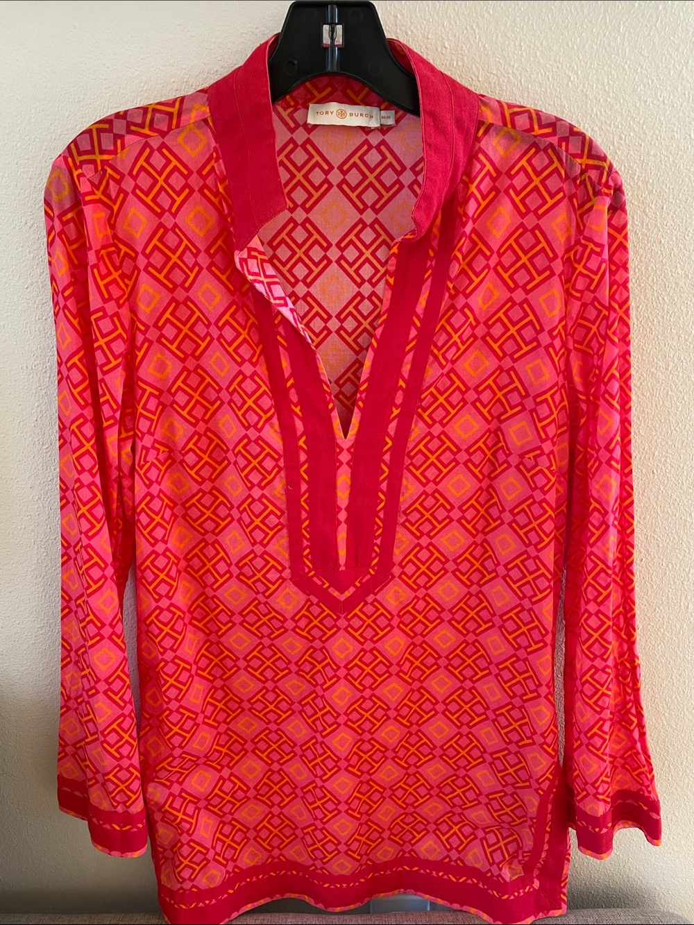 Tory Burch Pink, Orange and Red Geometric V-Neck Tunic M